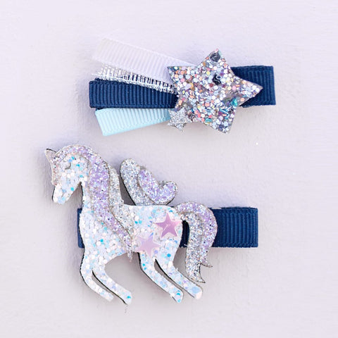 GP: Boutique Navy Unicorn or Star Hair Clips - Ages 3+