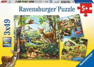 49 Piece Puzzle: 3 x 49 / Forest/Zoo/Domestic Animals - Ages 5+