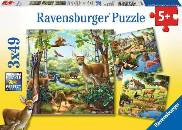 49 Piece Puzzle: 3 x 49 / Forest/Zoo/Domestic Animals - Ages 5+