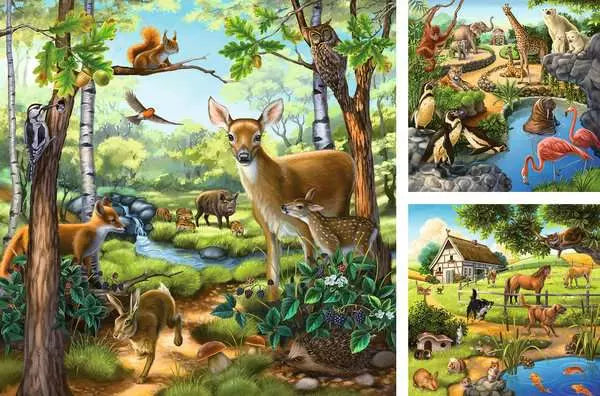 49 Piece Puzzle: 3 x 49 / Forest/Zoo/Domestic Animals - Ages 5+