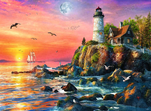 500 Piece Puzzle: Lighthouse at Sunset - Ages 12+