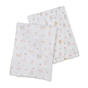 Lulujo: Cotton Muslin Swaddles 2-Pack: Kitty=Flower - Ages 0+