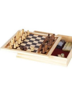 6-in-1 Game 11" Wood Case: bckgm/chess/chckrs/dominoes/cards  - Ages 6+