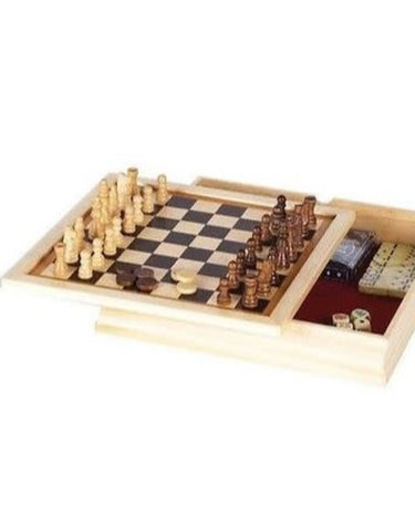6-in-1 Game 11" Wood Case: bckgm/chess/chckrs/dominoes/cards  - Ages 6+