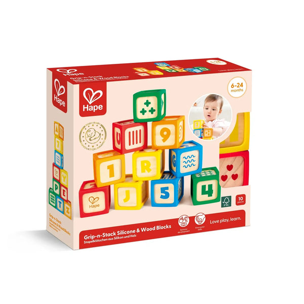 Hape: Grip-n-Stack Silicone and Wood Blocks - Ages 6mths+