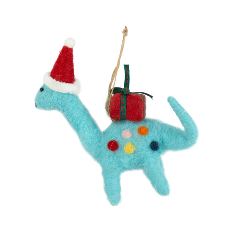 Ornaments: Felt Dinosaur Blue - with red gift and Santa hat - Ages 3+