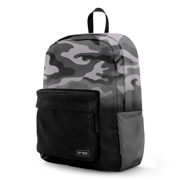 Grey Camo Colour Block Canvas 2-zipprt Backpack