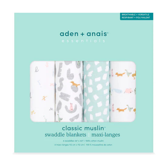 Aden + Anais: Swaddles 4-Pack Cotton Muslin  - Alphabet Animals - Age 0+