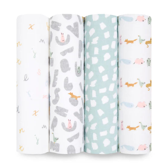 Aden + Anais: Swaddles 4-Pack Cotton Muslin  - Alphabet Animals - Age 0+