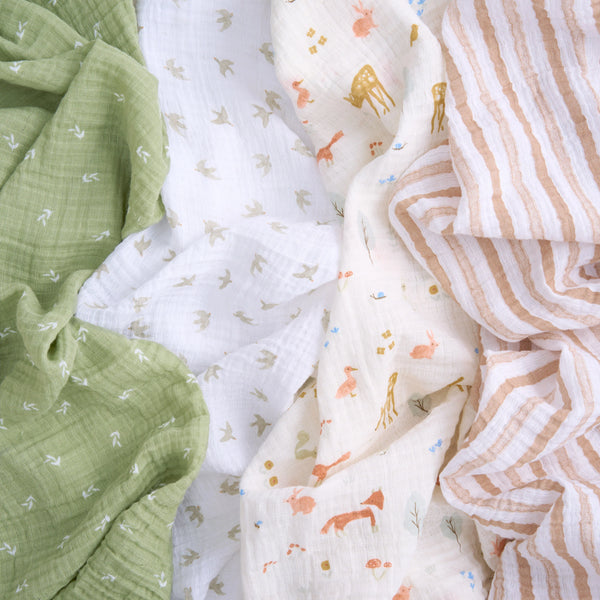 Aden + Anais: Essentials cotton muslin swaddle blanket 4 pk -Sage Woodland - Age 0+