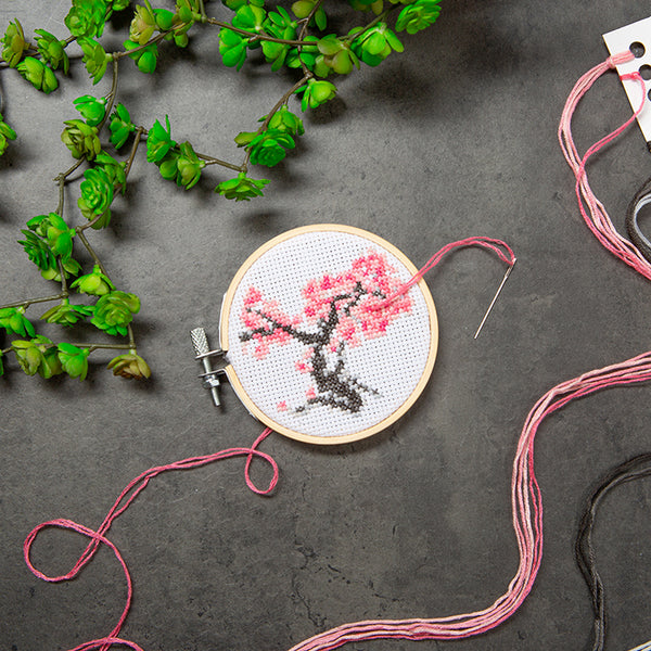 Cherry Blossom Mini Cross Stitch Embroidery - Kikkerland