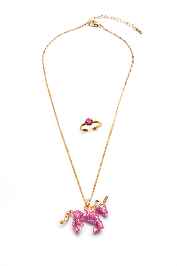 GP: Glitter Pink Unicorn Necklace & Ring Set - Ages 3+