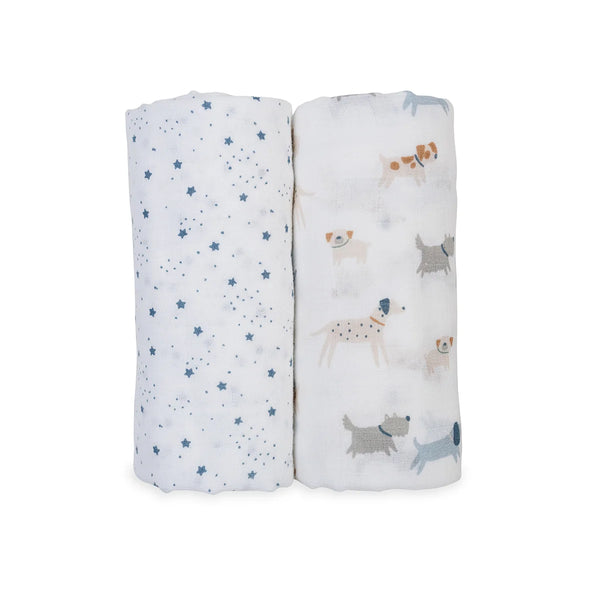 Lulujo: Cotton Muslin Swaddles 2-Pack: Puppy Dog & Stars
