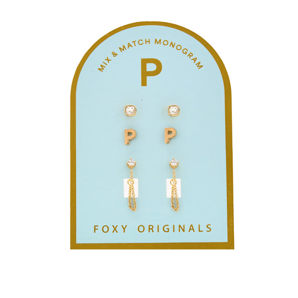 Earrings: Monogram Initial P Set - Gold or Silver