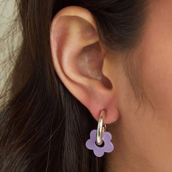Earrings: Purple & White Flower - Gold or Silver
