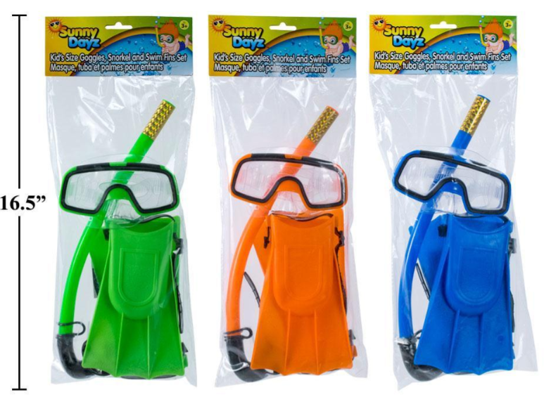 Sunny Dayz: Kid's Sized Mask, Snorkle and Swim Fins - Ages 3+