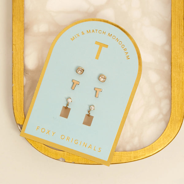 Earrings: Monogram Initial T Set - Gold or Silver