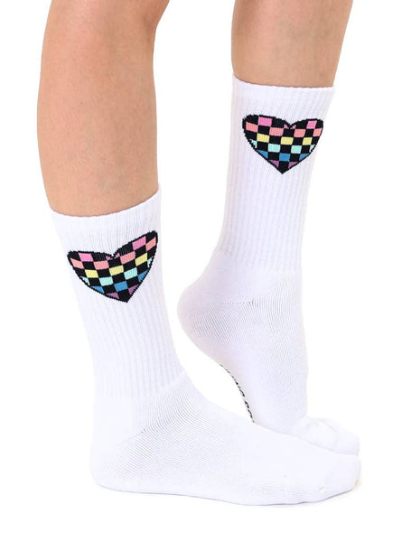Checkered Heart Classic Crew Socks - White