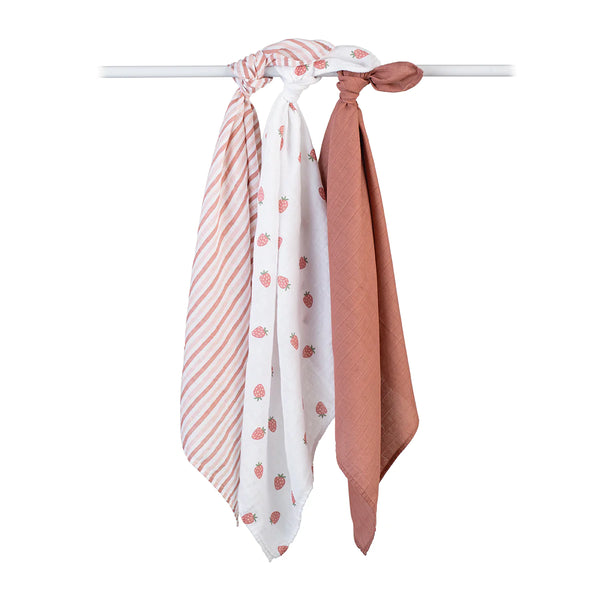 Lulujo: Cotton Receiving Blankets 3-Pack: Strawberries - Ages 0+