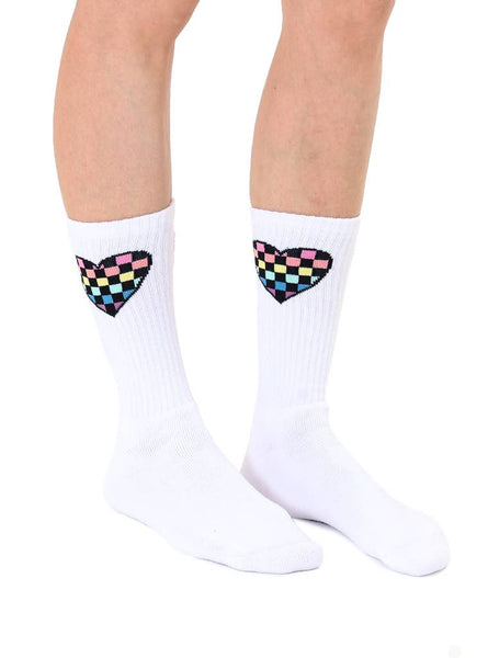 Checkered Heart Classic Crew Socks - White