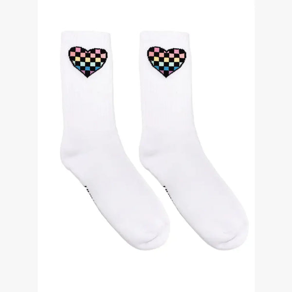 Checkered Heart Classic Crew Socks - White