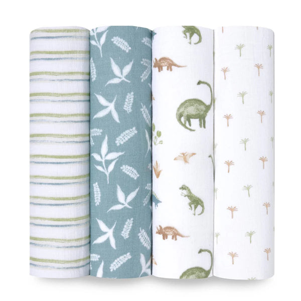 Aden + Anais: Essentials Cotton Muslin Swaddles 4 Pack: Dino Jungle - Ages 0+