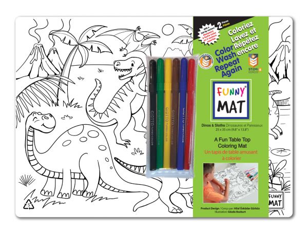 Funny Mat: Compact Set of 2 with 6 Giotto Markers: Dinos & Sloths - Ages 3+