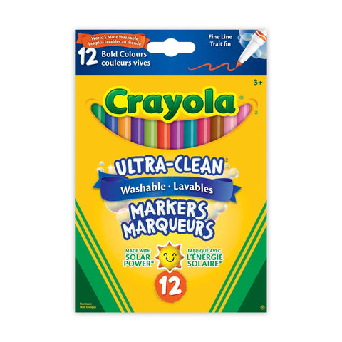 Markers: Crayola Ultra-Clean Washable Fine Line Markers, Bold Colours, 12 Count - Age 3+