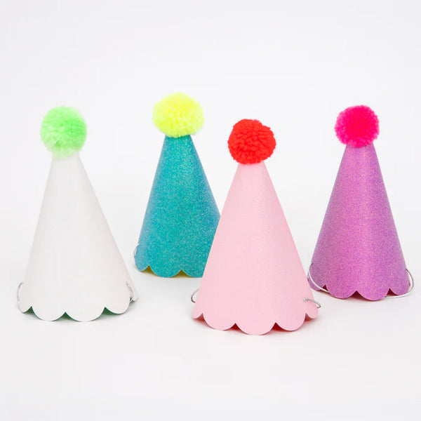 MM: Glitter Pom-pom Party Hats: 8 Pieces