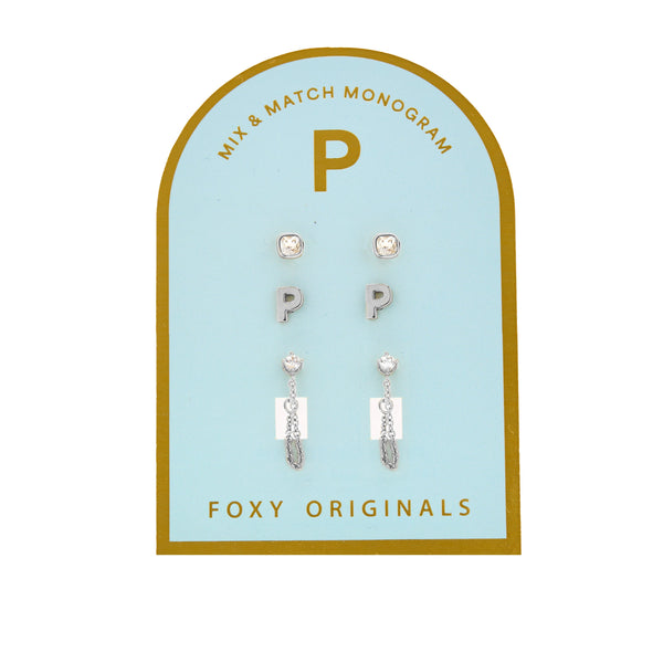 Earrings: Monogram Initial P Set - Gold or Silver