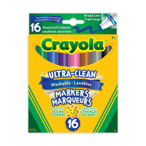 Markers: Crayola Ultra-Clean Washable Broad Line Markers, Assorted Colours, 16 Count - Age 3+