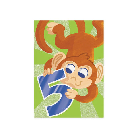 Glitter 5 Year Old Monkey - Birthday Card