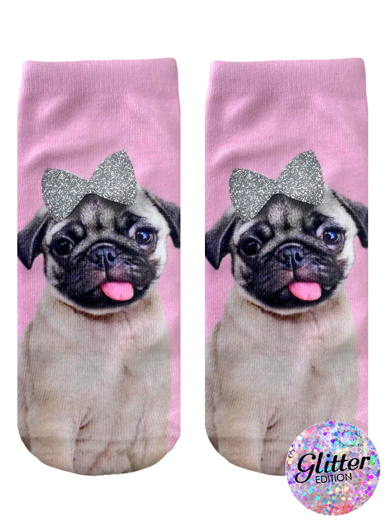 Ankle Socks: Pug with Bow Glitter - One Size Fits Most