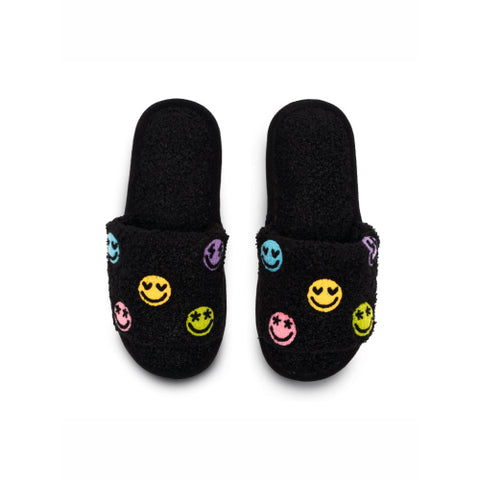 Black Happy All Over Slide Slippers: Multiple Sizes Available