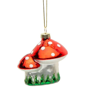 Ornaments: Blown Glass Double Mushroom With White Base - Silver Tree - Ages 8+