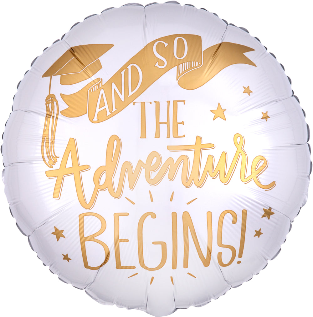 The Adventure Begins White & Gold Balloon 17"