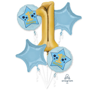 1st Birthday Blue & Gold 5 Balloon Bouquet
