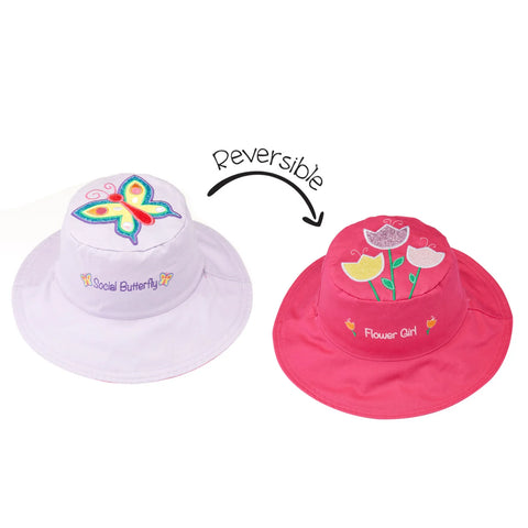 Reversible Cotton Sun Hat: Butterfly/Tulips - Size Small/Ages 6-24mths