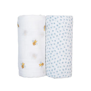 Lulujo: Cotton Muslin Swaddles 2-Pack: Bees & Blue Dots - Ages 0+