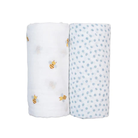 Lulujo: Cotton Muslin Swaddles 2-Pack: Bees & Blue Dots - Ages 0+