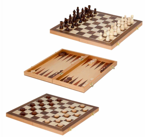 15" Folding 3-in-1 Game Set: Chess, Checkers, and Backgammon - Ages 8+