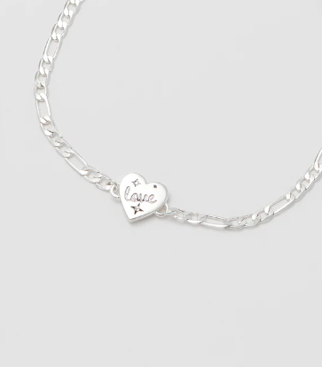 XOXO Figaro Chain Engraved "love" Heart Bracelet: Silver Plated