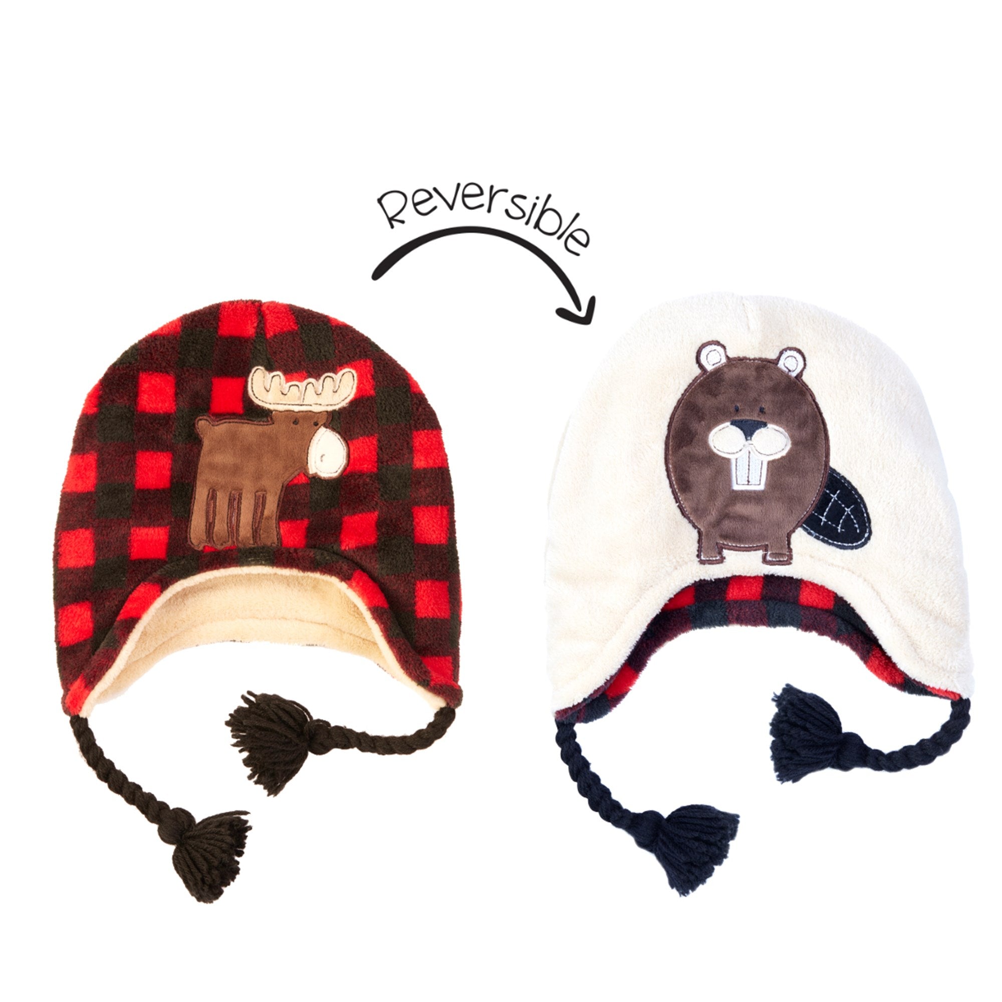 Kids UPF50+ Winter Hat: Red Moose/Beaver - Ages 3-8 years