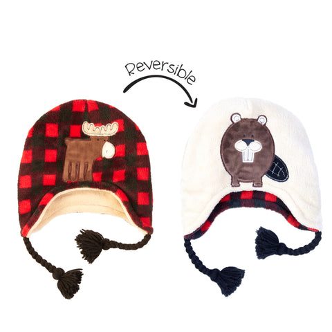 Kids UPF50+ Winter Hat: Red Moose/Beaver - Ages 3-8 years