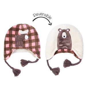 Kids UPF50+ Winter Hat: Pink Moose/Brown Bear - Large