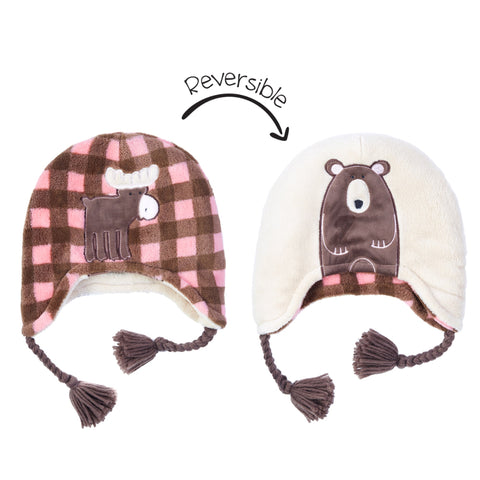 Kids UPF50+ Winter Hat: Pink Moose/Brown Bear - Large