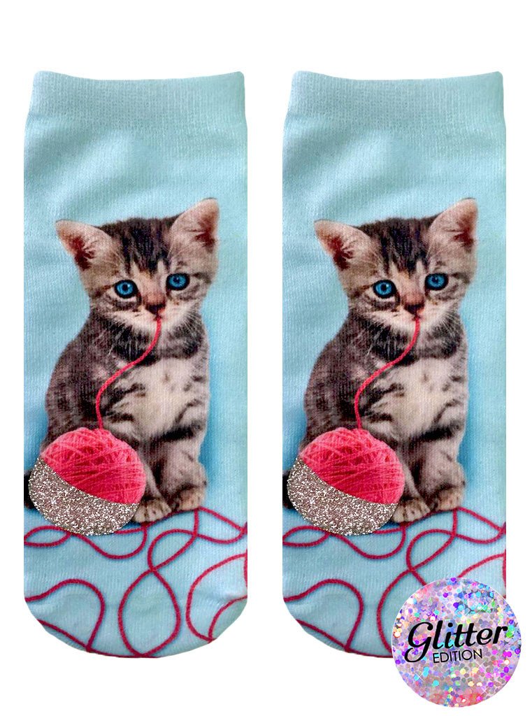 Kitten and Yarn Glitter Ankle Socks - One size fits most