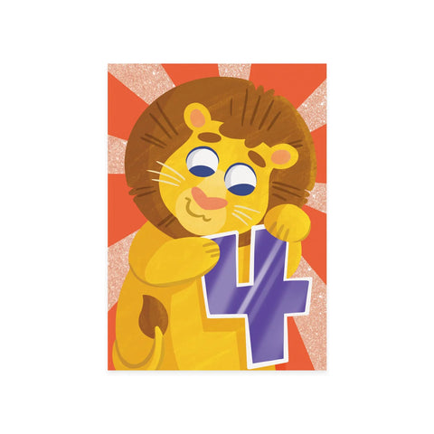 Glitter 4 Year Old Lion - Birthday Card
